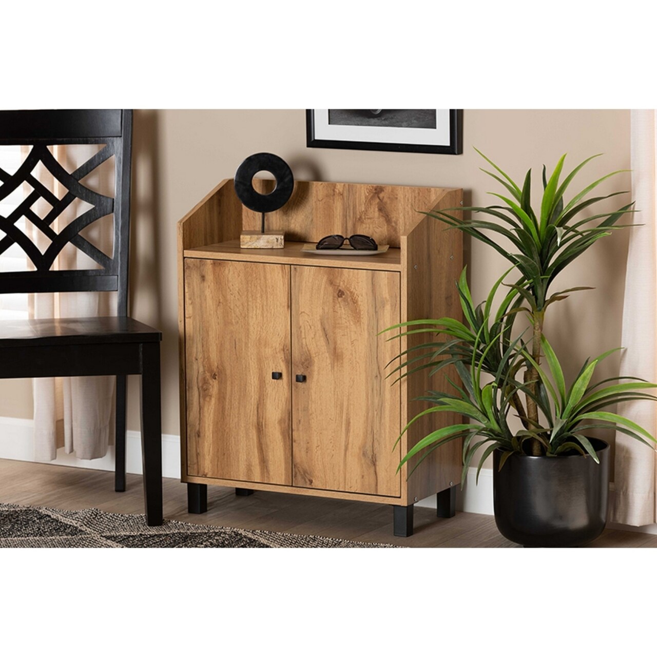 Baxton Studio Rossin Modern and Contemporary Oak Brown Finished Wood 2-Door Entryway Shoe Storage Cabinet, Oak and Black